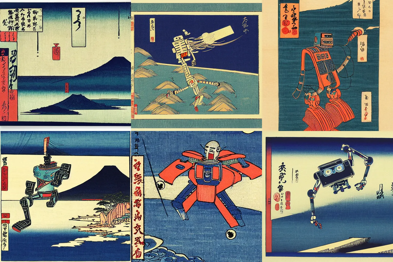 Prompt: A robot that loves to jump, woodblock print by Hiroshige