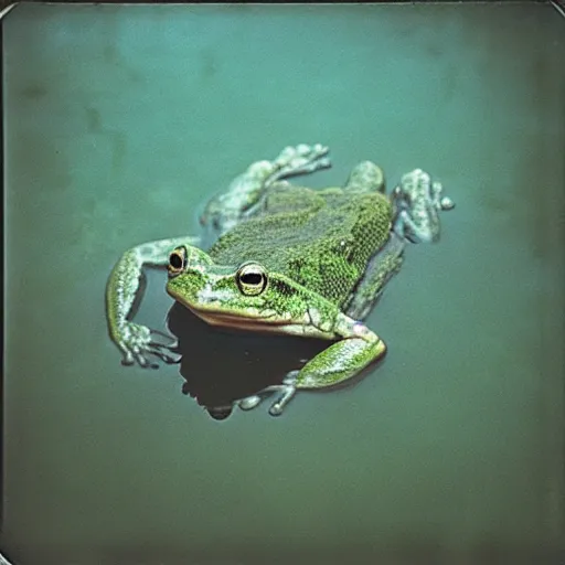 Prompt: “semitranslucent smiling frog amphibian rising above the waters of misty lake in Jesus Christ pose, low angle, polaroid shot by Andrei Tarkovsky, paranormal, spiritual, mystical”