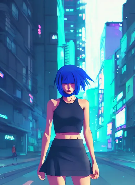 Image similar to digital illustration of cyberpunk pretty girl with blue hair, wearing a crop top and a skirt, full body pose, in city street at night, by makoto shinkai, ilya kuvshinov, lois van baarle, rossdraws, basquiat