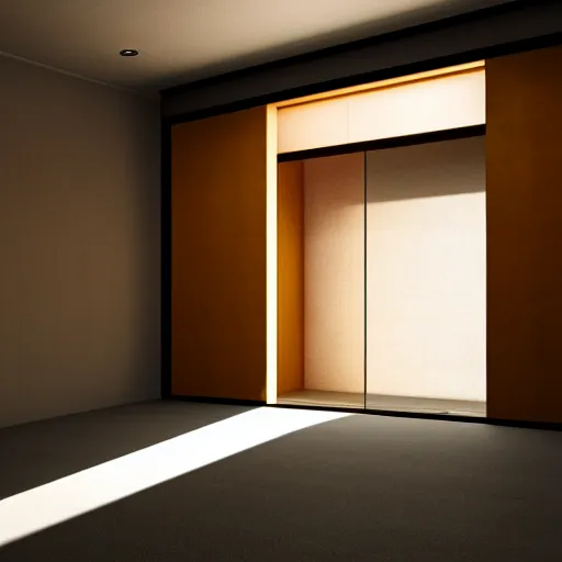 Prompt: still photo of a japanese hallway with sliding doors, highly detailed, photorealistic portrait, bright studio setting, studio lighting, crisp quality and light reflections, unreal engine 5 quality render