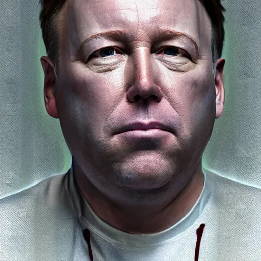 Image similar to hyperrealistic mixed media image of info wars alex jones wearing conspiracy tin foil hat, stunning 3 d render inspired art by xiang duan and thomas eakes and greg rutkowski, perfect facial symmetry, hyper realistic texture, realistic, highly detailed attributes and atmosphere, dim volumetric cinematic lighting, 8 k octane detailed render, post - processing, masterpiece,