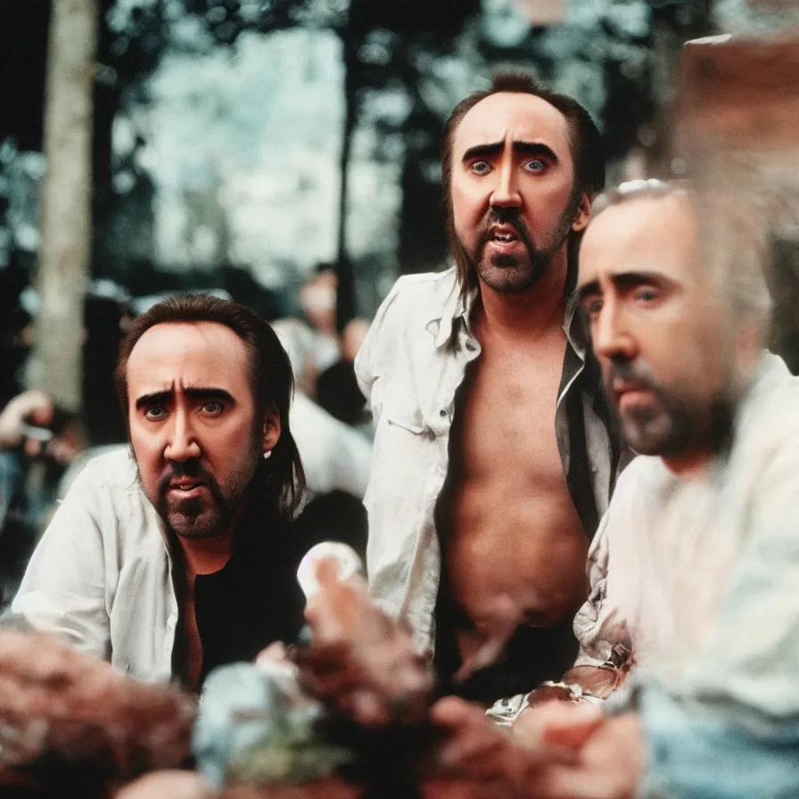 Prompt: nicolas cage and nicolas cage and nicolas cage chillin, cinestill 8 0 0 t 3 5 mm, heavy grain, high quality, high detail