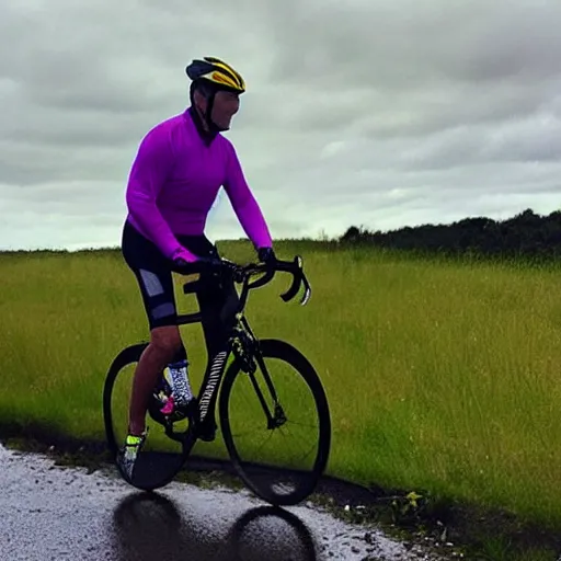 Prompt: “a middle aged man in Lycra cycling gear wearing a day-glo cycling helmet walking along a country road in the rain with a bent bicycle wheel in his hand, hyper realistic, 4K”