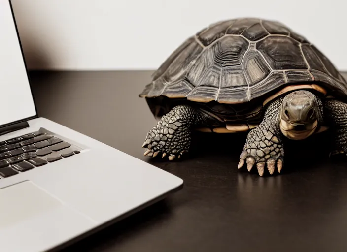 Image similar to photo still of a tortoise working on a laptop, 8 k, studio lighting bright ambient lighting key light, 8 5 mm f 1. 8