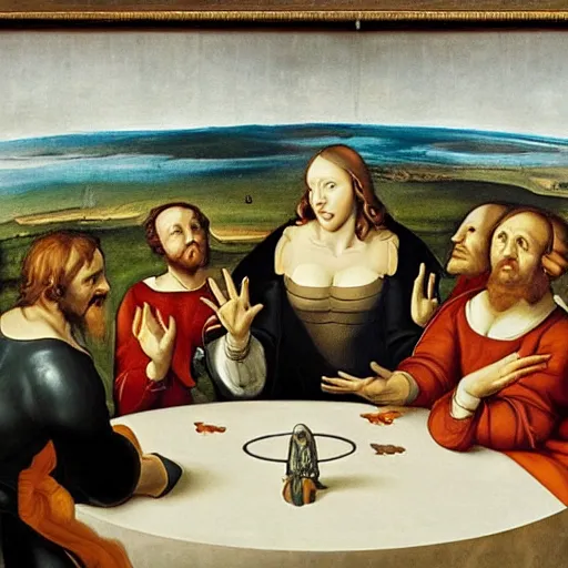 Prompt: renaissance painting of a person having a discussion with batman from the cartoon in the middle of a round table, one white orchid in the middle of the table, golden ratio, rule of third