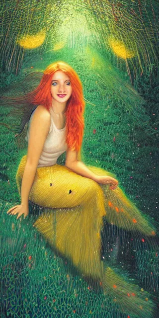 Prompt: infp young woman, smiling, amazed by golden fireflies lights, sitting in the midst of nature fully covered, long loose red hair, intricate linework, green eyes, small nose with freckles, oval shape face, realistic, expressive emotions, dramatic lights mystical scene, hyper realistic ultrafine art by michael cheval, jessica rossier, artgerm