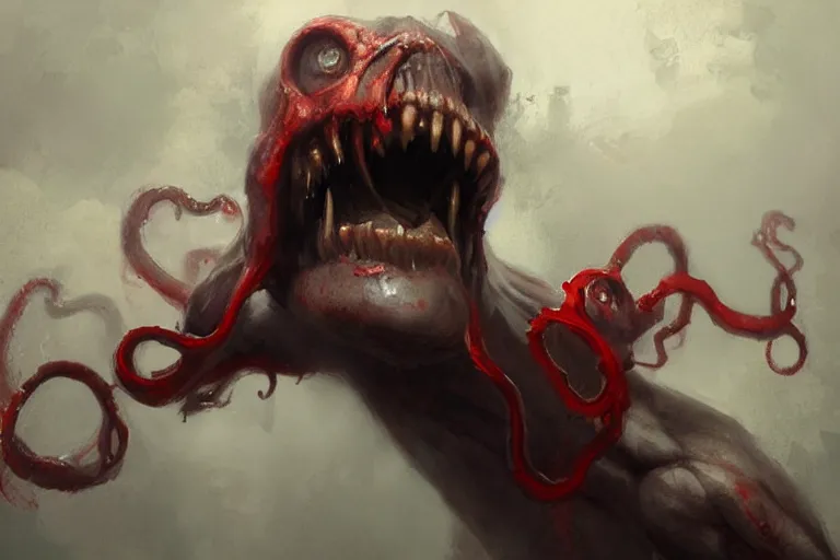 Image similar to painting by greg rutkowski of a flying human head and face that is chalk white in color, with tentacles coming of the neck, red eyes, flying in a terrying hell like cavernous place