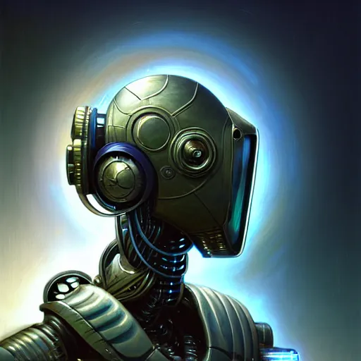 Image similar to low angle shot of a cyberpunk gazmask robot character, intricate, elegant, highly detailed, centered, digital painting, artstation, concept art, front shot, smooth, sharp focus, illustration, artgerm, Tomasz Alen Kopera, Peter Mohrbacher, donato giancola, Joseph Christian Leyendecker, WLOP, Boris Vallejo