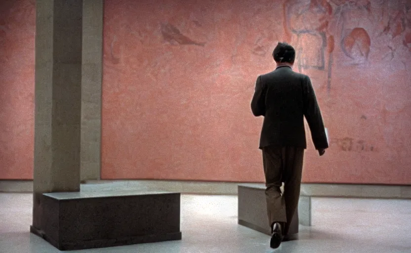 Image similar to 60s movie still close-up portrait of an elder soviet man walking in an empty sovietic museum with propaganda fresco, by David Bailey, Cinestill 800t 50mm eastmancolor, heavy grainy picture, very detailed, high quality, 4k, HD criterion, precise texture and facial expression