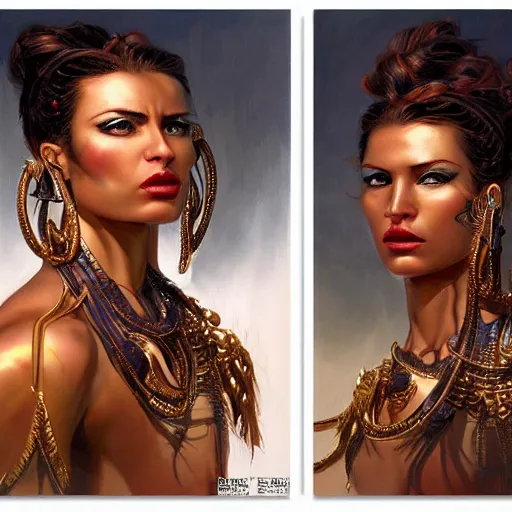 Image similar to detailed oil portrait of tall hyper - muscular shining bronze - skinned warrior woman with silver eyes, full body, with long wavy flowing black hair and big gold earrings, jewelry, red lipstick, makeup, feminine, volumetric lighting, dynamic composition, art by boris vallejo and sachin teng and sergey kolesov and ruan jia and heng z, scifi, concept art