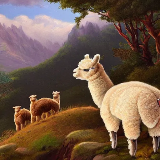 Prompt: alpaca that wears capes stand on the top of mountain. high detailed painting. - c 1 0