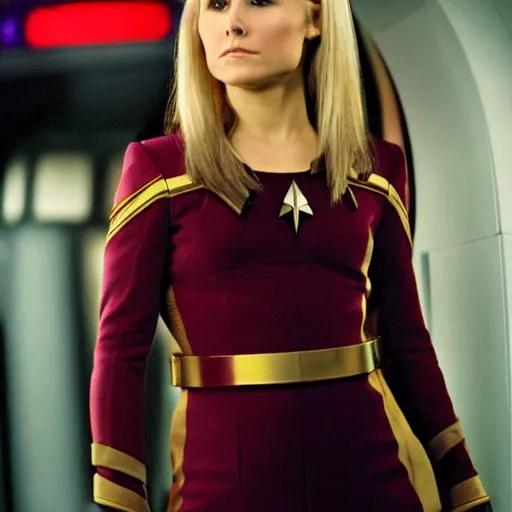 Image similar to a beautiful full body photograph of kristen bell as a star fleet officer from star trek next generation, extreme realism and detail, 8 k, completely framed, direct lighting, 3 5 mm photo, photorealistic, sharp focus