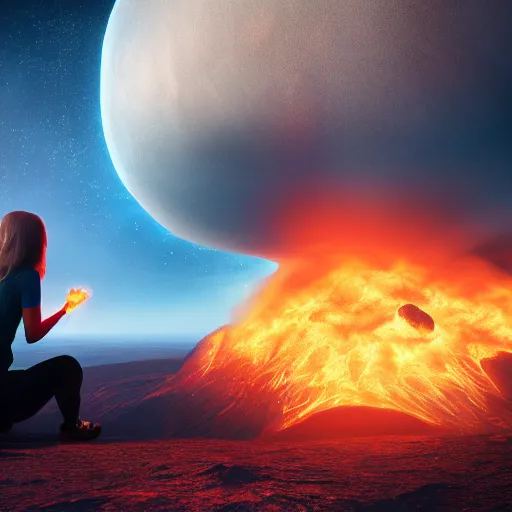 Prompt: a girl on a hill watching a flaming asteroid fall from space, octane render very realistic beatiful 8k digital art