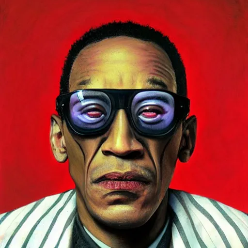 Prompt: Gus fring with half of his face blown up, gerald brom, photorealistic