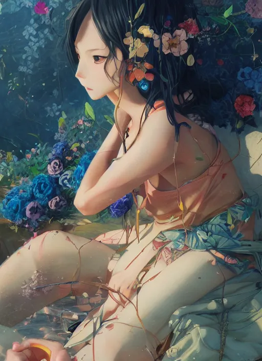 Prompt: beautiful fantasy anime painting scene of summer chill day, by Kenne Gregoire, James Jean, Tran Nguyen, WLOP, Jakub Rebelka. trending on Artstation, 8k, masterpiece, chill summer, graffiti paint, fine detail, full of color, intricate detail, golden ratio illustration