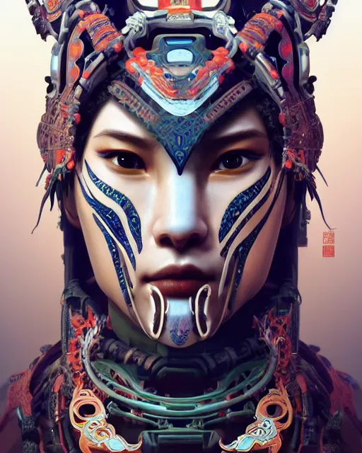 Prompt: portrait of a machine from horizon zero dawn, machine face, upper half portrait, decorated with chinese opera motifs, asian, bian lian, traditional chinese art, intricate, elegant, highly detailed, digital painting, artstation, concept art, smooth, sharp focus, illustration, art by artgerm and greg rutkowski and alphonse mucha, 8 k