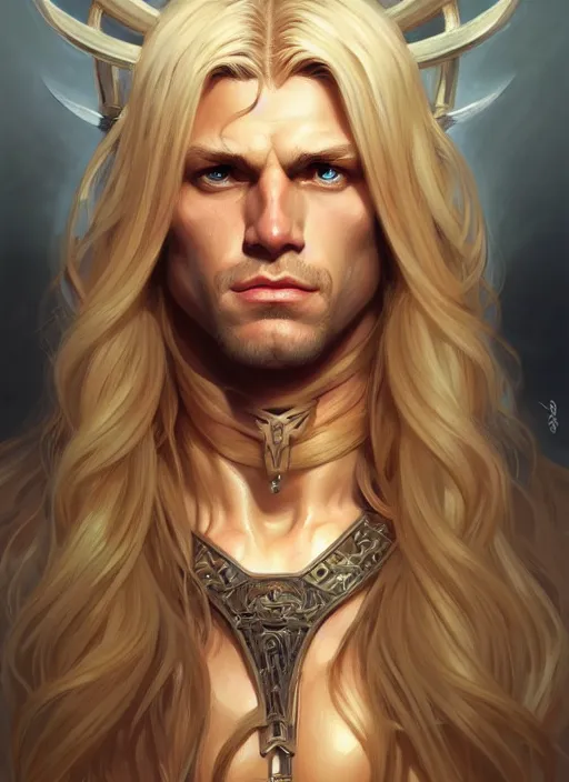 Image similar to symmetry! portrait of barbarian, long blond hair, d & d, muscular! fantasy, intricate, elegant, highly detailed, digital painting, artstation, concept art, smooth, sharp focus, illustration, art by artgerm and greg rutkowski and alphonse mucha