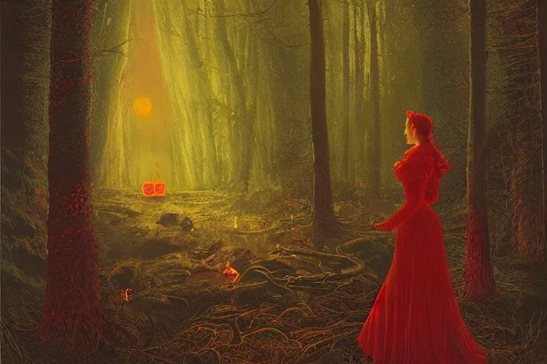 Image similar to the scarlet witch awaits her pursuers, victorian hunters, night time, deep forest, highly detailed, focus, mist nizovtsev, victor