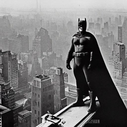 Prompt: old black and white photo, 1 9 1 3, depicting batman from dark knight on top of skyscraper construction steel bar overlooking new york city, rule of thirds, historical record