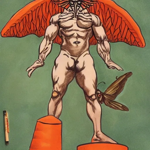 Image similar to ripped physique winged man disguised as a mothra whilst wearing a traffic cone hat transmetropolitan jen bartel winslow homer darick robertson staedtler