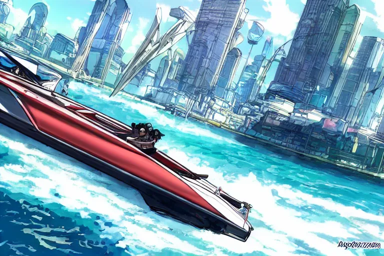 Image similar to Axopar 37 speedboat going full speed in front of shoreline city in anime cyberpunk style by Hayao Miyazaki