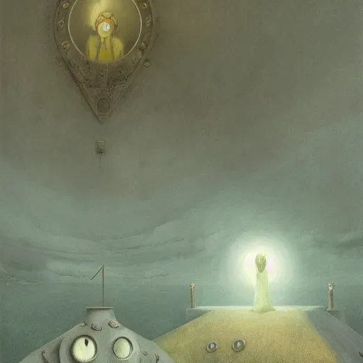 Image similar to eyeless watcher, dutiful return, golden age seraph bunkers, art by Leonora Carrington and Alexander Jansson, high detail, cinematic, cgsociety 8k