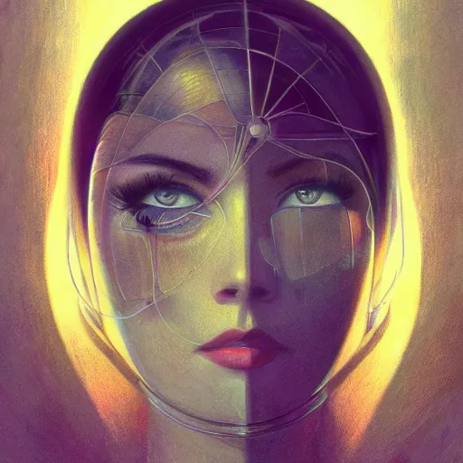 Image similar to detailed face of a woman, clockwork, moment, tectonic sky, skydome, bullet train, turbines, utopian, tech noir, wet reflections, prism, atmospheric, ambient, pj crook, syd mead, livia prima, artgerm, greg rutkowski, nick alm, casey baugh