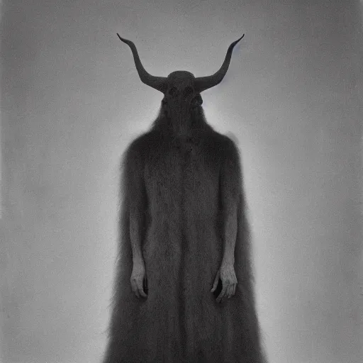 Image similar to vintage photography of realistic faceless beast-god with many long arms, a huge body covered with deep furs by Zdzisław Beksiński, odd eye, dark fantasy, asymmetry, blur, haze, fog, vignetting, platinum printing