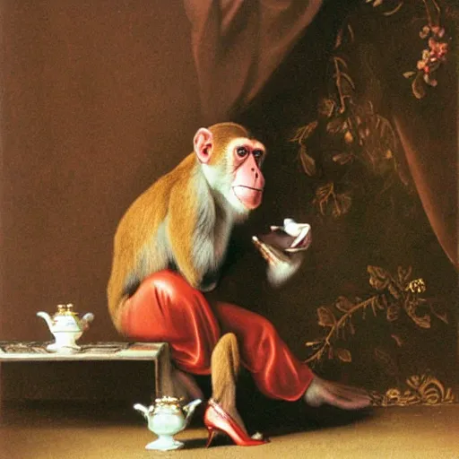 Prompt: a monkey with heels drinking tea as a baroque painting