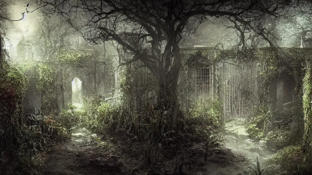 Prompt: secret garden, dark, spooky, dreamlike, in the style of 1 3 ghosts movie, low light, hyperrealistic, coherent composition, artstation, matte painting, concept art, edward hughes