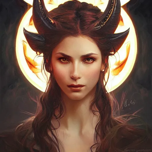 Image similar to a great lucifer, great wings, demon horn, fire above head, long dark hair, intricate, elegant, highly detailed, digital painting, artstation, concept art, smooth, sharp focus, illustration, art by artgerm and greg rutkowski and alphonse mucha