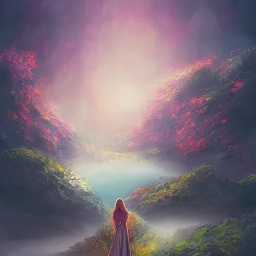 Image similar to woman and landscape, acrilic paint, digital, artstation, detailed intricate ink illustration, heavenly atmosphere, digital art, overdetailed art, concept art, complementing colors, trending on artstation, cgstudio, the most beautiful image ever created, dramatic, subtle, details, award winning artwork, beautiful scenery