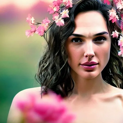 Image similar to photo of the beauty gal gadot, she is posing while maintain a sweet eye contact to the camera, she has a crown of flowers, the photo was taken at sunset with a bokeh effect, photo by edward steichen, photorealistic, matte painting, hyper realistic, 4 k, 8 k, cinematic composition, hd, highly detailed, trending on artstation