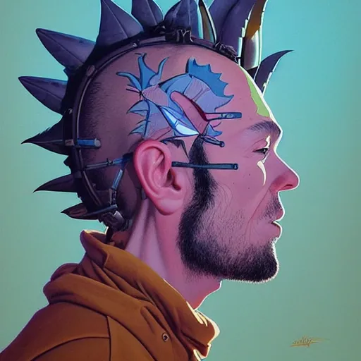 Image similar to humandesign mohawk projector portrait by gaston bussierre and charles vess and james jean and erik jones and rhads, inspired by rick and morty, epic, funny, huge scale, beautiful fine face features, intricate high details, sharp, ultradetailed