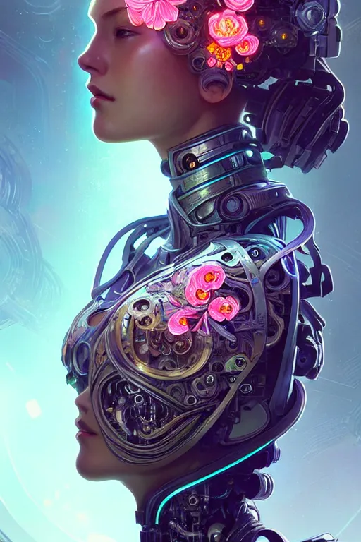 Image similar to beautiful female mechanical android!, half portrait, neon flowers, intricate detailed environment, photorealistic!, floro details, intricate, elegant, highly detailed, digital painting, artstation, concept art, smooth, sharp focus, illustration, art by artgerm and greg rutkowski and alphonse mucha