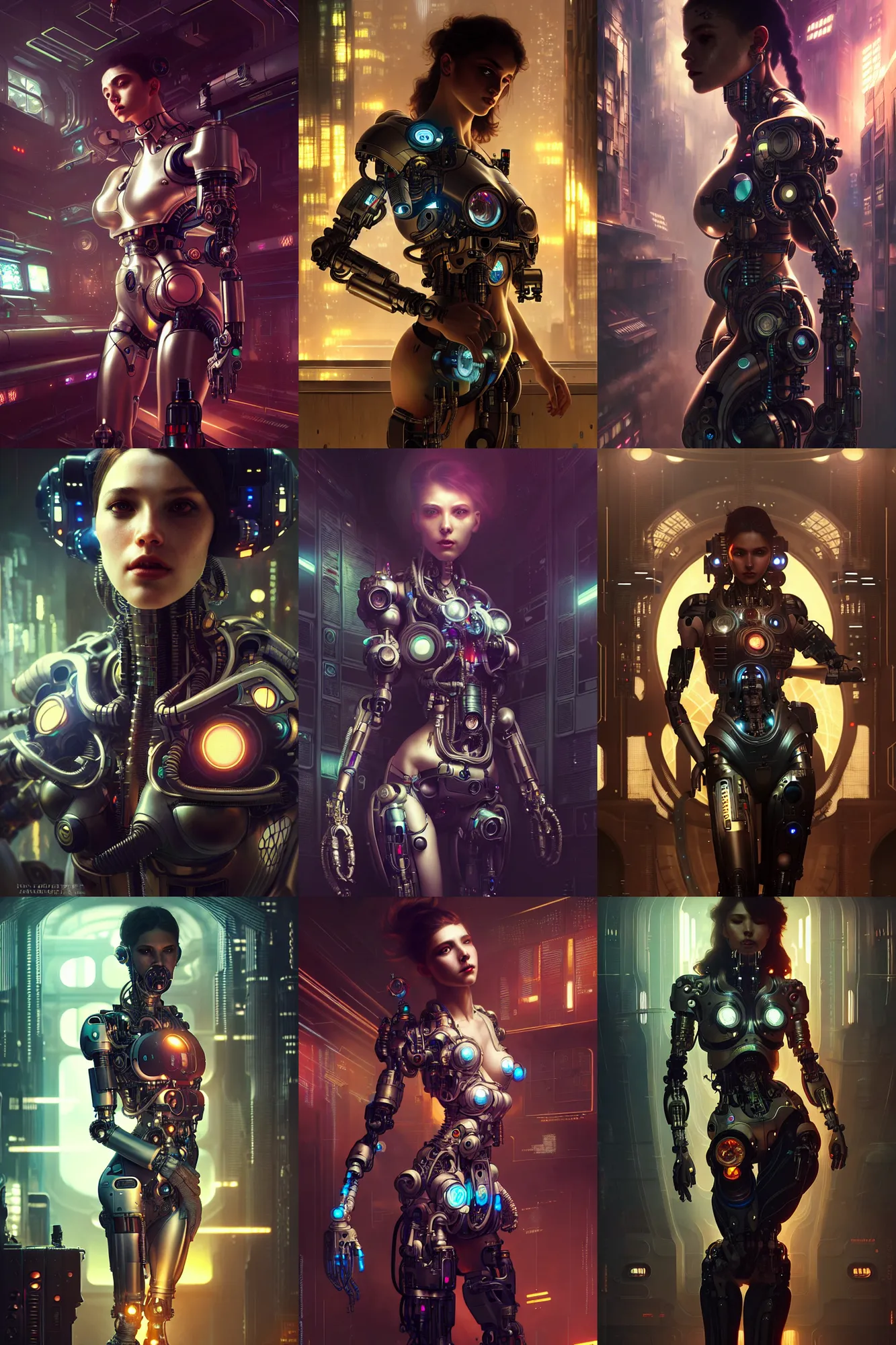 Image similar to ultra realistic, beautiful female cyborg in a crowded smoky cyberpunk club in space megalopolis, sci - fi, intricate details, eerie, highly detailed, octane render, 8 k, art by artgerm and alphonse mucha and greg rutkowski