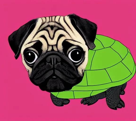 Image similar to a cute pug wearing a cute turtle outfit, digital art, colourful