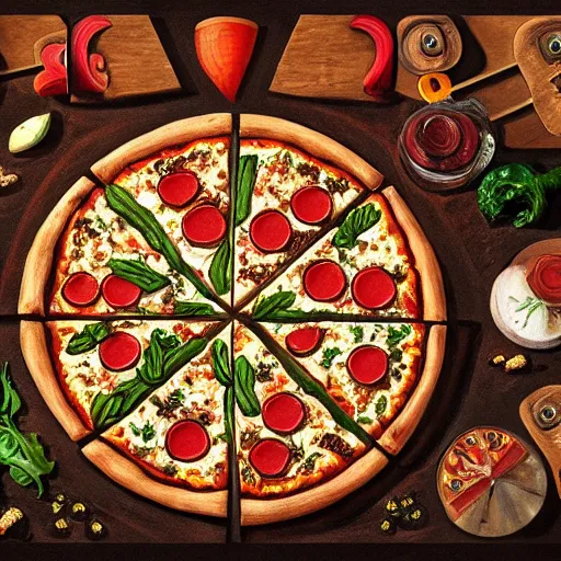 Image similar to Pizza, veggies, guitar, extremely Highly detailed, Occult, funny, humorous, humor, hilarious, funny, entertaining, magical, trending on artstationHQ, closeup, D&D, intricate, elegant, highly detailed, digital painting, artstation, concept art, matte, sharp focus, illustration, surrealism