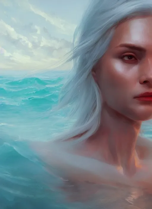 Prompt: a realistic detail portrait of a beautiful female angle has white hair in ocean, magic, dragon, oil painting by Julian calle, wlop, greg rutkowski, Finnian MacManus, Trending on artstation, red and yellow scheme, 8k, Unreal Engine