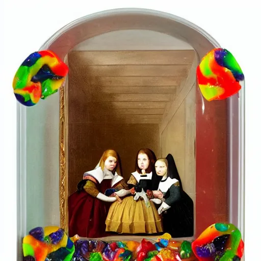 Image similar to Las Meninas by Velazquez, sculpted out of candy, gummy candies, gummy bears, gummy worms, colorful award-winning photo of candy