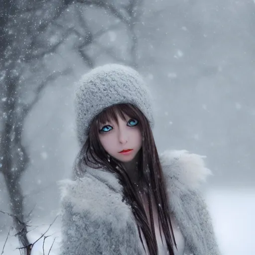 Image similar to an anime girl with white long hair in a snowy tundra, finely detailed, snow, beautiful, foggy,