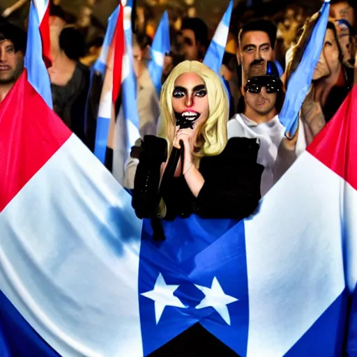 Image similar to Lady Gaga as president, Argentina presidential rally, Argentine flags behind, bokeh, giving a speech, detailed face, Argentina