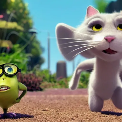 Image similar to a cinematic fill still from a 2015 Pixar movie where anthropomorphic cats battle against aliens, in the style of Pixar, shallow depth of focus