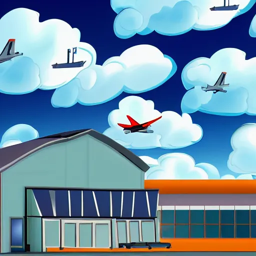 Prompt: a cartoon scene of an airport and cloudy skies