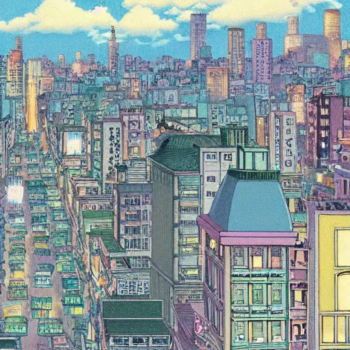 Image similar to a city at night, studio ghibli