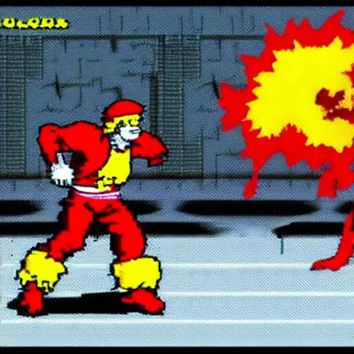 Prompt: screenshot of ronald mcdonald, white face, red afro, red nose and yellow outfit as an enemy in streets of rage video game, sega genesis video game, upscaled to high resolution