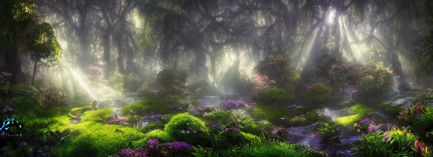 Image similar to photograph of enchanted garden, mist with rays of light by marc adamus, highly detailed, intricate detail, cinematic lighting