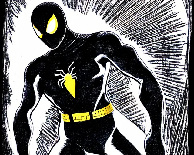 Image similar to photorealistic sketch of black spider - man with gold webbing by steve ditko