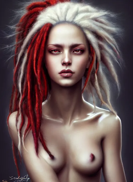 Image similar to photograph of gorgeous woman with half white half red dreadlocks in the style of stefan kostic, realistic, half body shot, sharp focus, 8 k high definition, insanely detailed, intricate, elegant, art by stanley lau and artgerm, foggy backgeound
