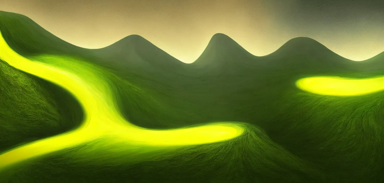 Image similar to a painting of a green and yellow swirl in the middle of a mountain, a computer rendering by mike winkelmann, shutterstock contest winner, nuclear art, tesseract, apocalypse art, concept art